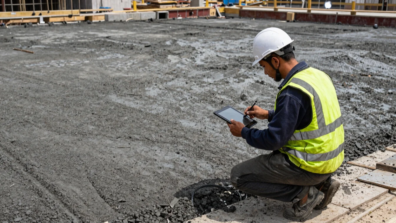 Construction team member on site, using a tablet to log daily act