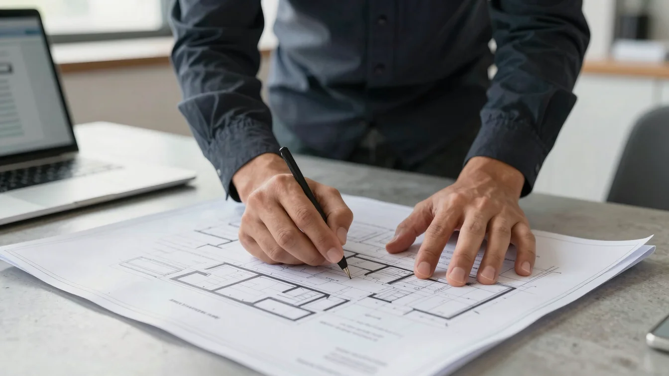 Close-up of a project manager's hands reviewing a physical bluepr
