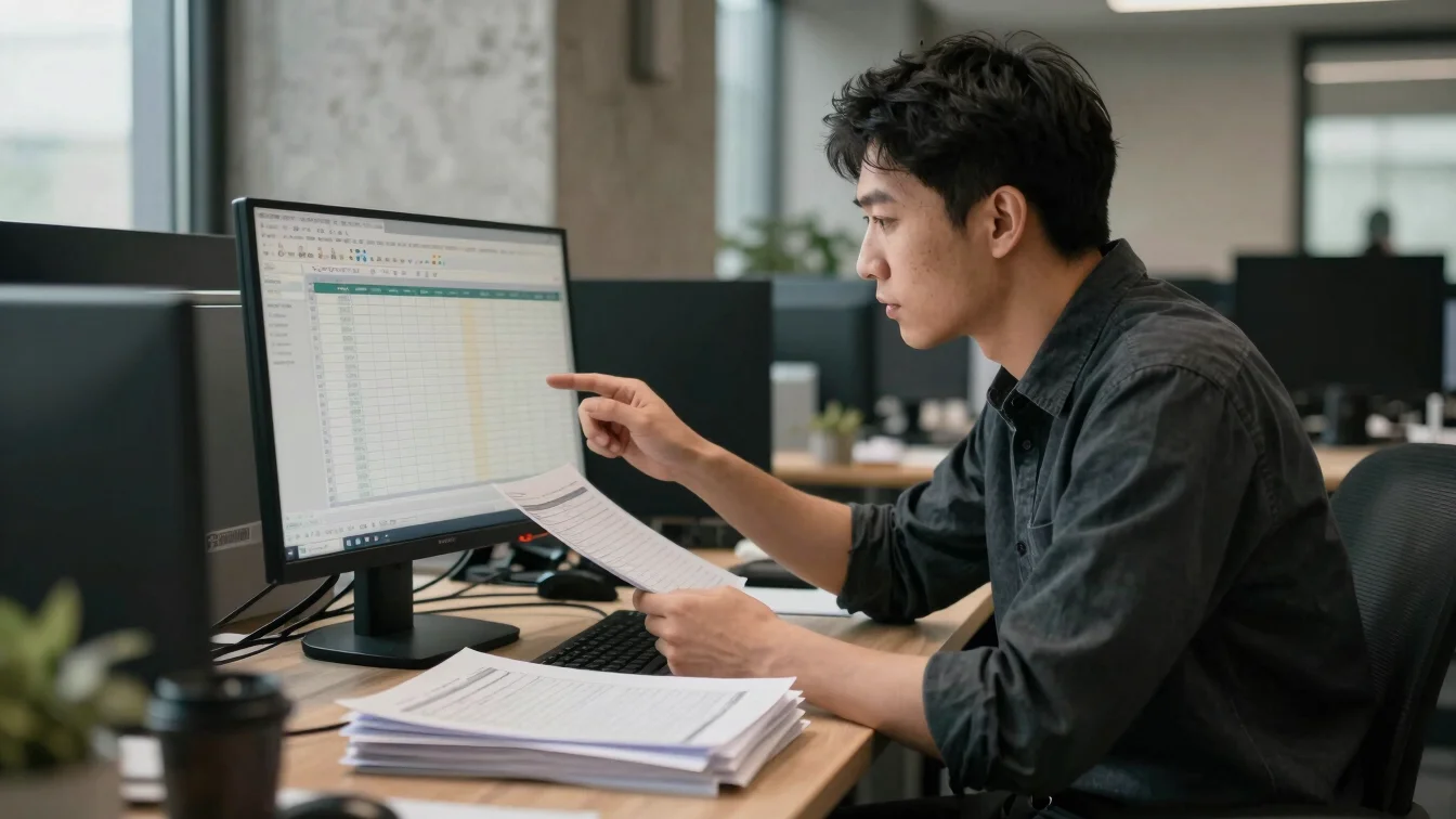Focused construction professional in an office setting, reviewing