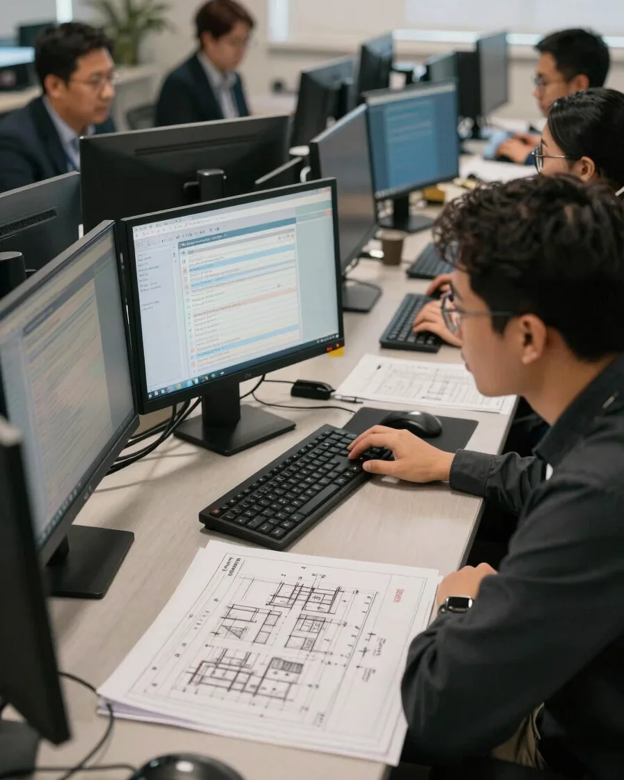 A focused project team reviewing audit trails on office desktop m