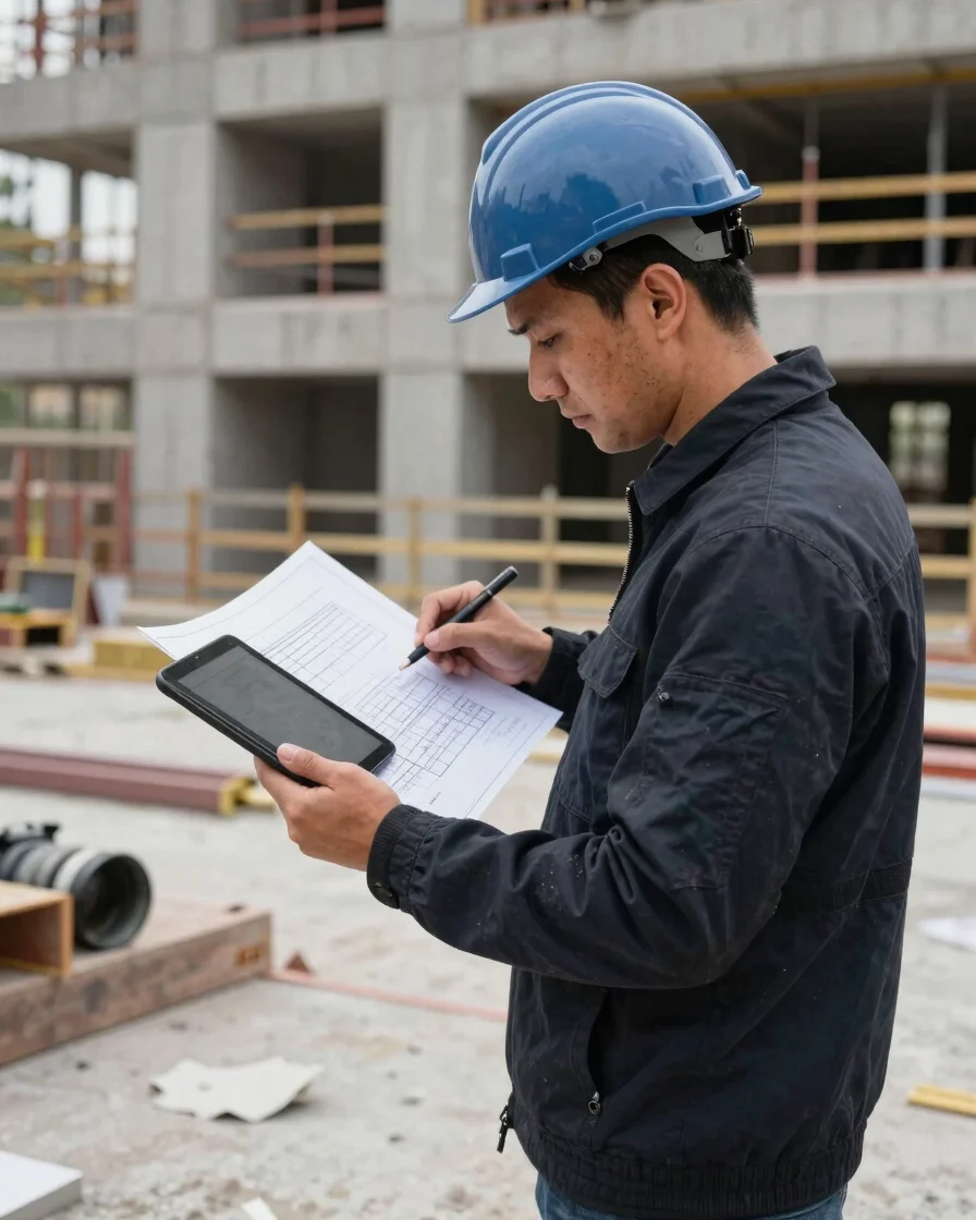 Focused construction project manager on site, reviewing revised d